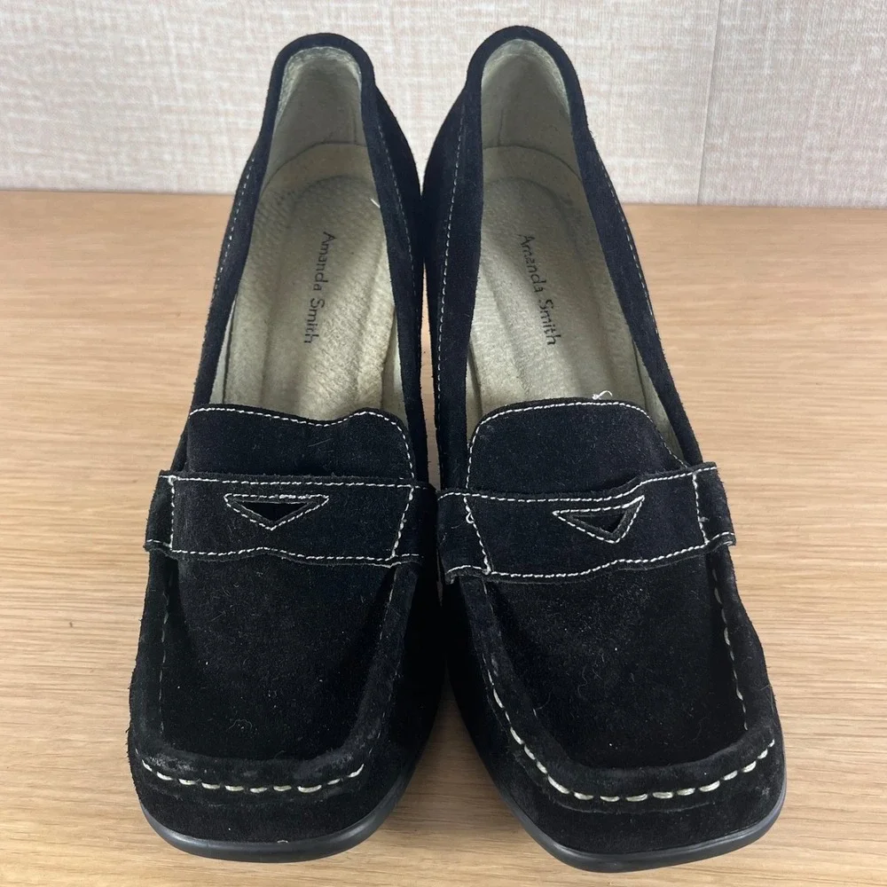 Amanda Smith Women's 7.5 Black Suede Wedge Loafers Penny Y2K Preppy Heels